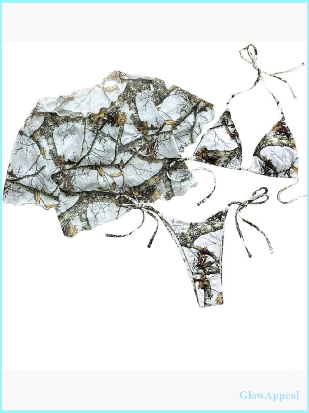 3 Piece Camo Halter Triangle Bikini Set Thong with Sheer Cover Up